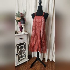 Mid Length Lace Covered Dress Rusty Red